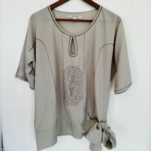 Banana Republic Women's Medium Taupe Beaded  Chiffon Blouse Short Sleeve Tie Top